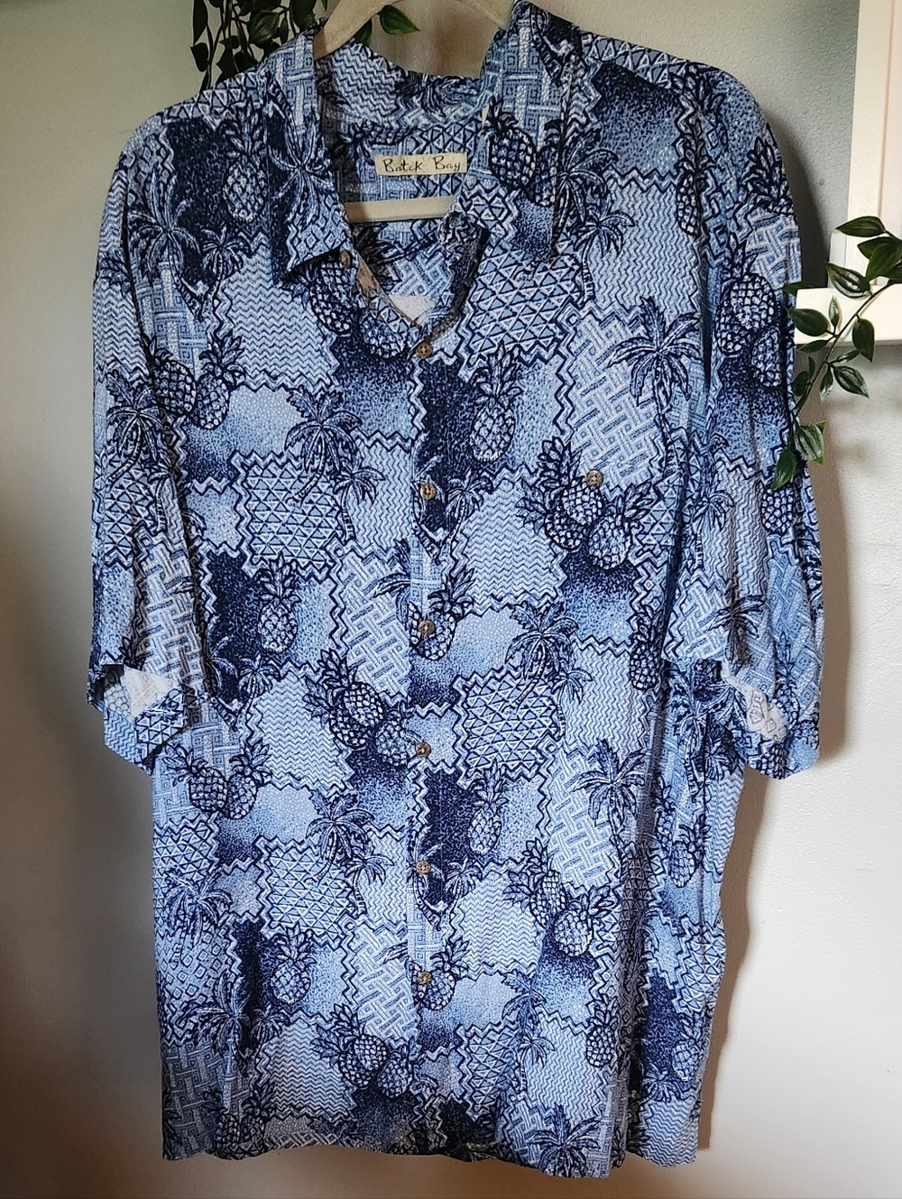 Batik Bay Blue Pineapple Print Hawiian Button-Down Shirt